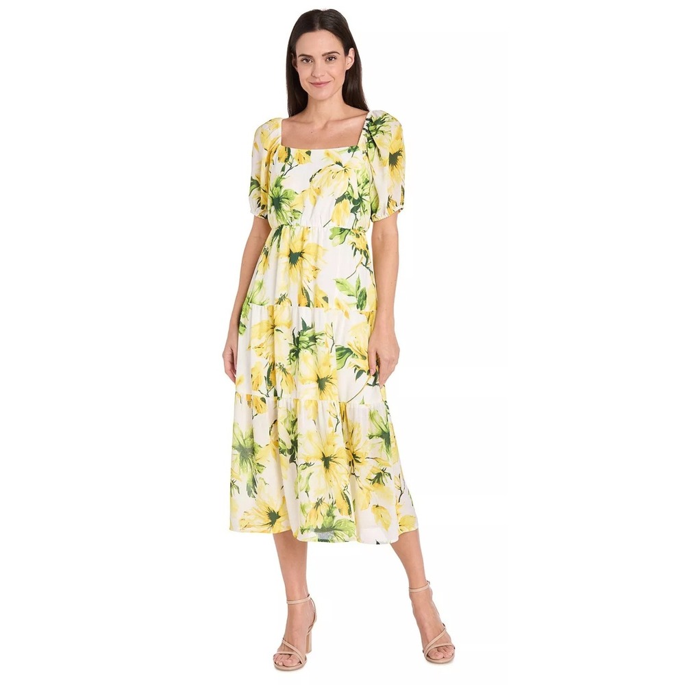 R&M Richards Women Yellow Green Floral Tiered Midi‎ Dress Size 10 NWT